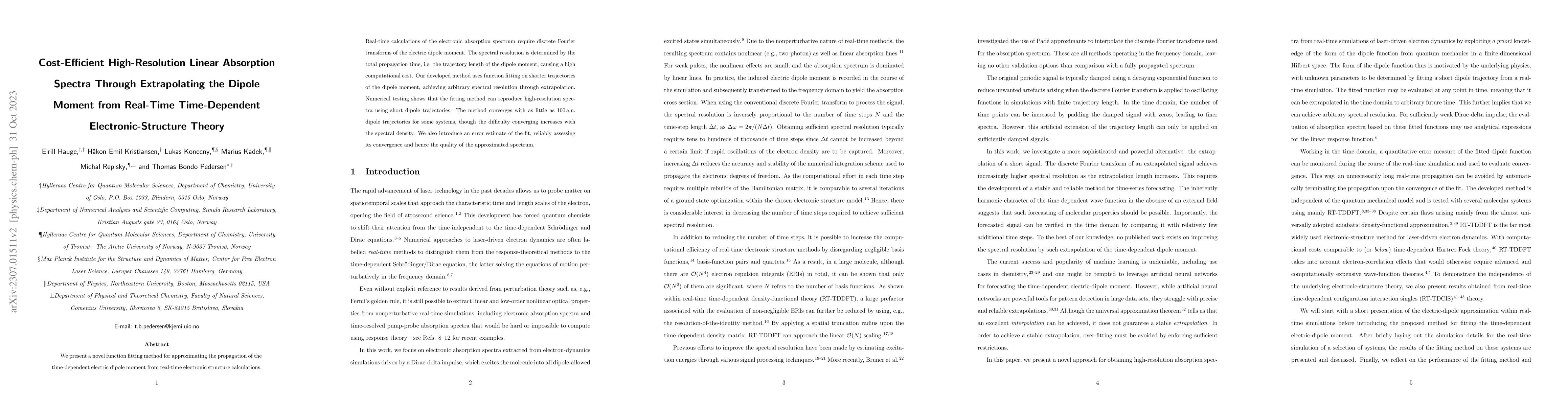 Thumbnail for Cost-Efficient High-Resolution Linear Absorption Spectra Through
  Extrapolating the Dipole Moment from Real-Time Time-Dependent
  Electronic-Structure Theory