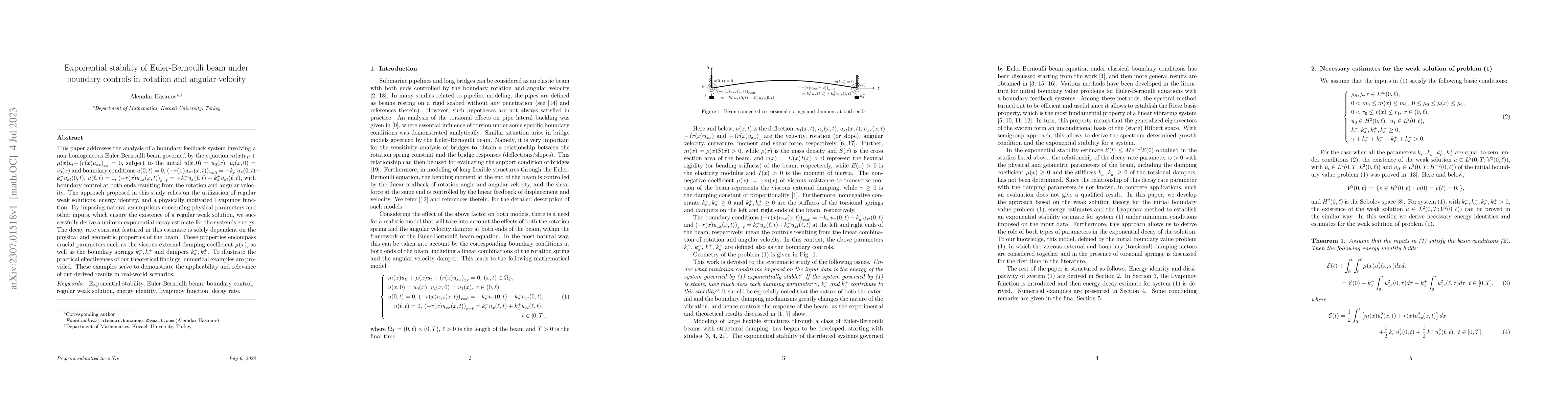 Thumbnail for Exponential stability of Euler-Bernoulli beam under boundary controls in
  rotation and angular velocity