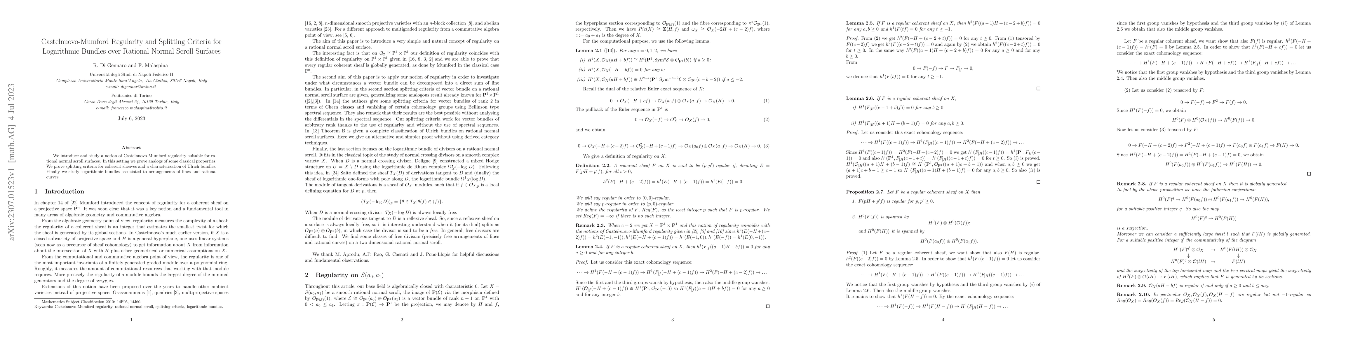Thumbnail for Castelnuovo-Mumford Regularity and Splitting Criteria for Logarithmic
  Bundles over Rational Normal Scroll Surfaces