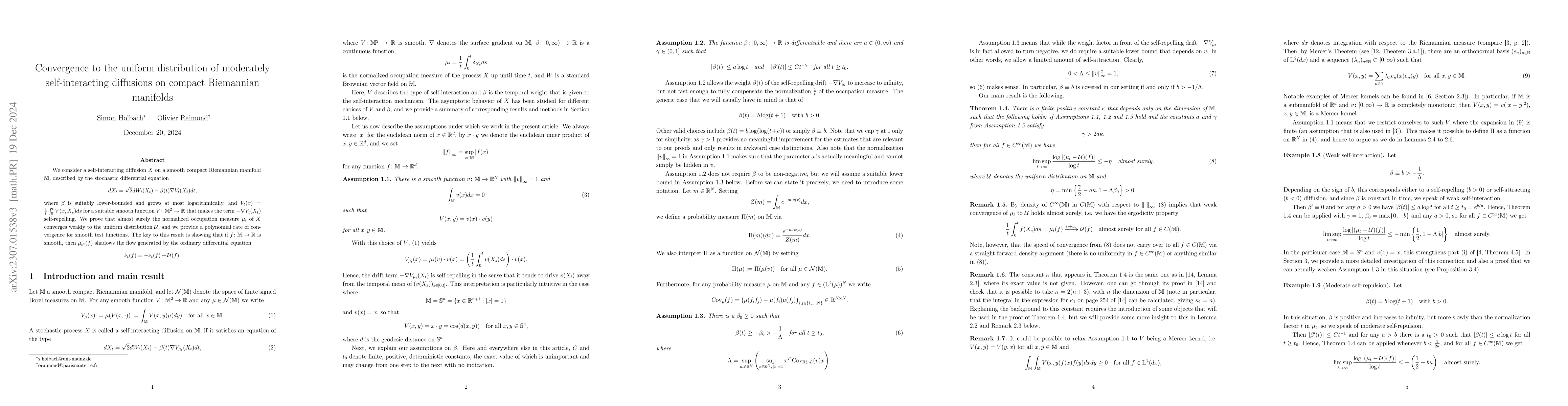 Thumbnail for Convergence to the uniform distribution of moderately self-interacting
  diffusions on compact Riemannian manifolds