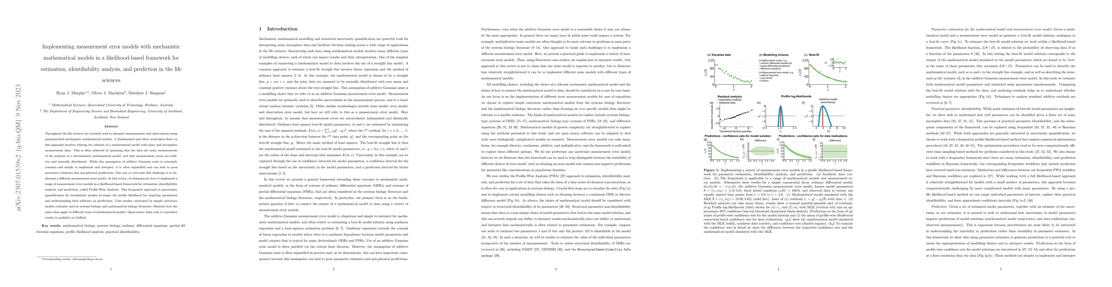 Thumbnail for Implementing measurement error models with mechanistic mathematical
  models in a likelihood-based framework for estimation, identifiability
  analysis, and prediction in the life sciences