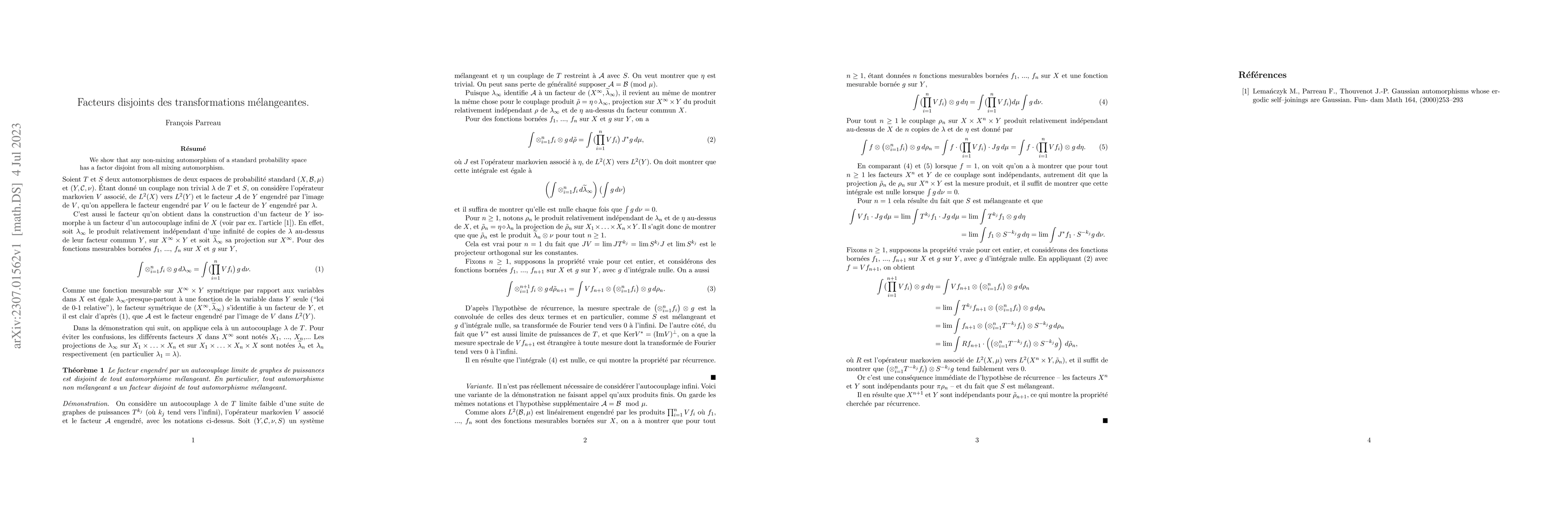 Thumbnail for Facteurs disjoints des transformations melangeantes
