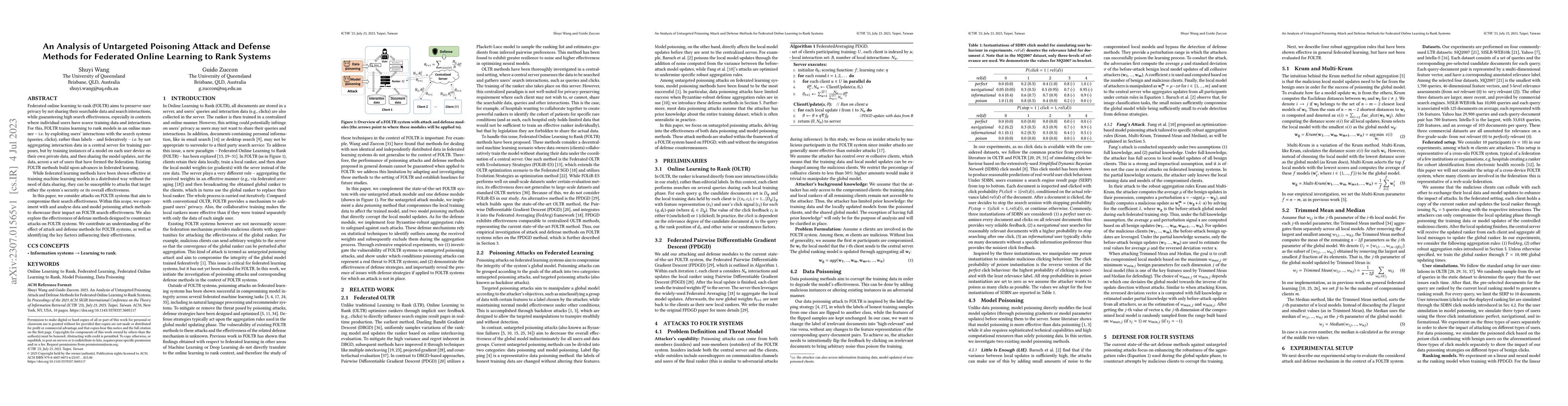 Thumbnail for An Analysis of Untargeted Poisoning Attack and Defense Methods for
  Federated Online Learning to Rank Systems