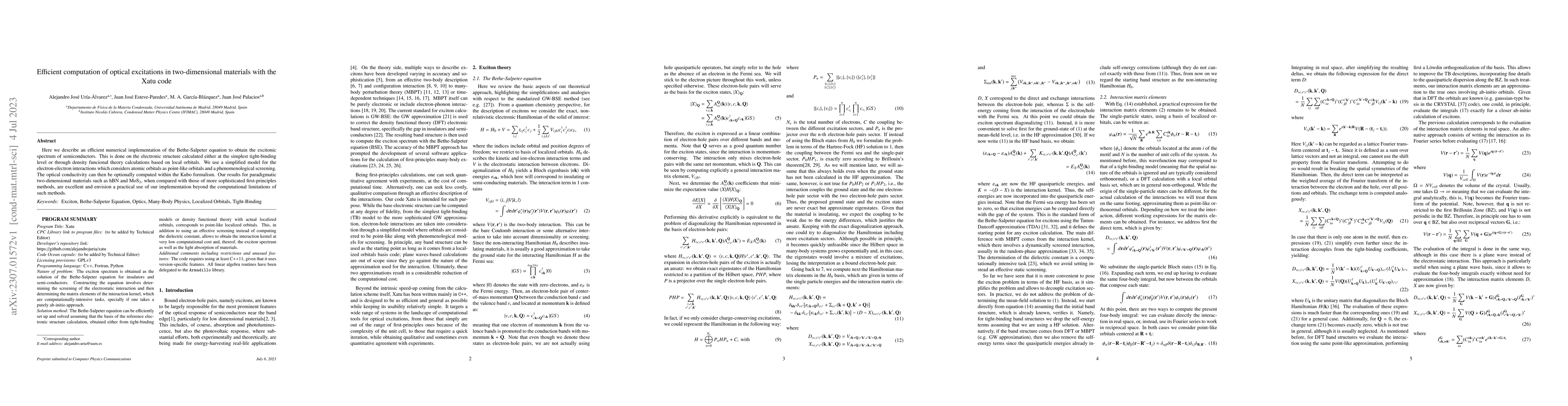 Thumbnail for Efficient computation of optical excitations in two-dimensional
  materials with the Xatu code