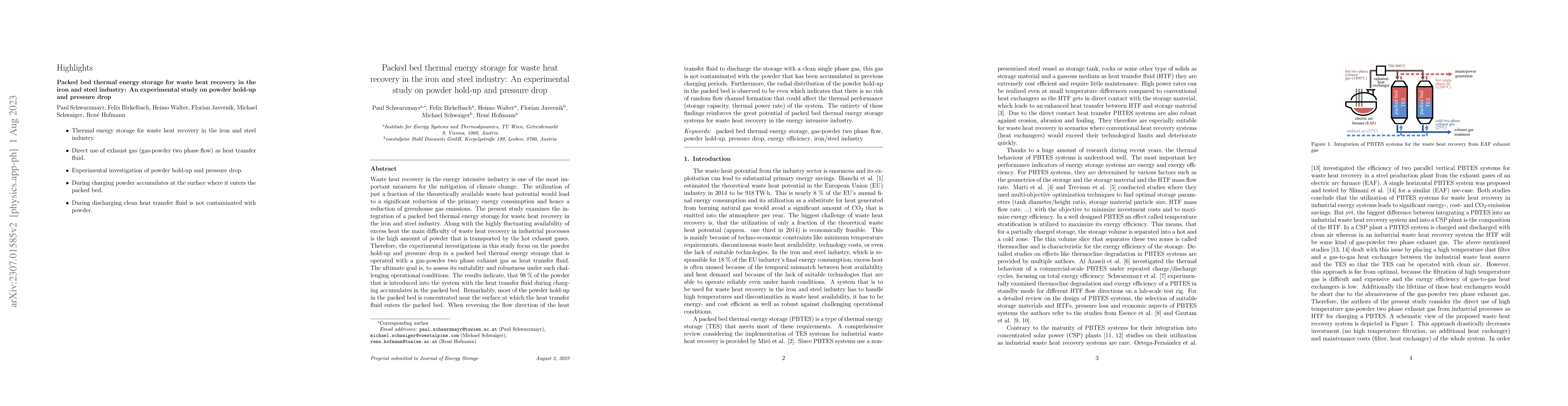 Thumbnail for Packed bed thermal energy storage for waste heat recovery in the iron
  and steel industry: An experimental study on powder hold-up and pressure drop