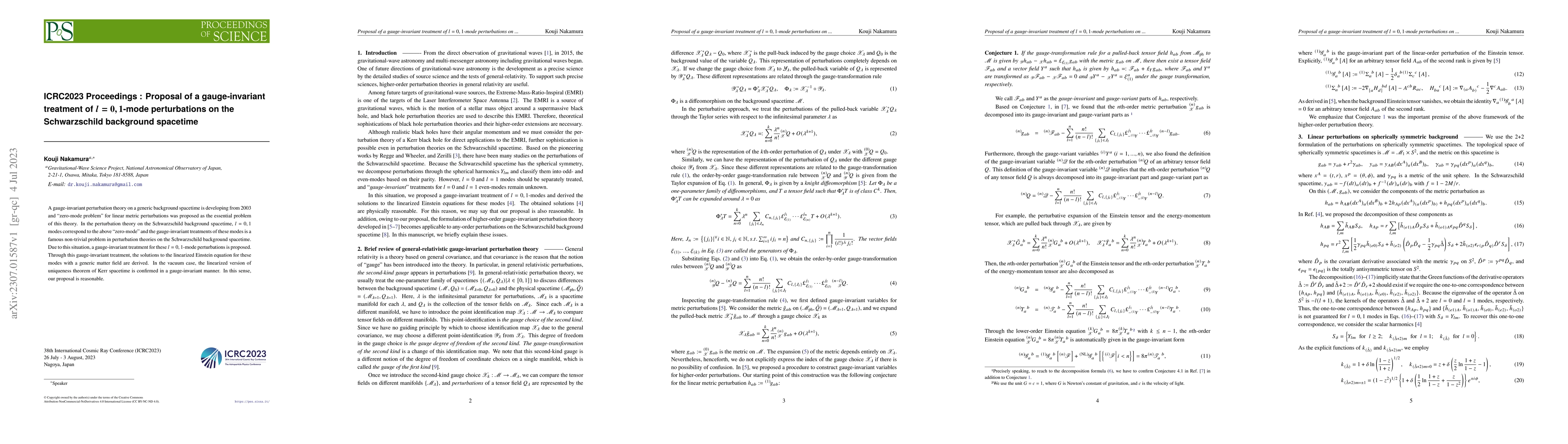 Thumbnail for ICRC2023 Proceedings: Proposal of a gauge-invariant treatment of
  $l=0,1$-mode perturbations on the Schwarzschild background spacetime
