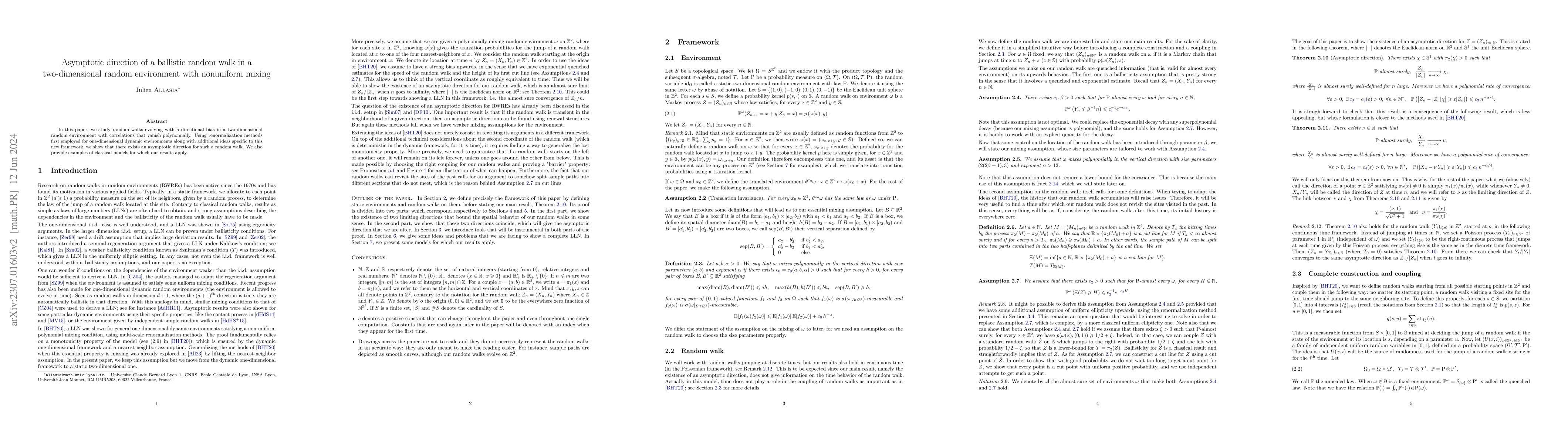 Thumbnail for Asymptotic direction of a ballistic random walk in a two-dimensional
  random environment with nonuniform mixing