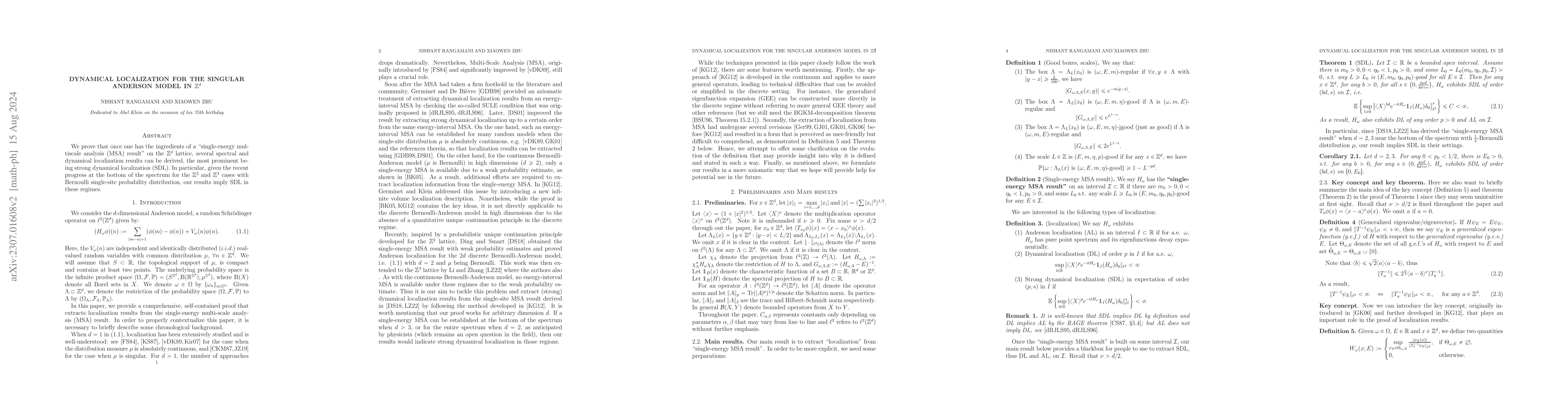 Thumbnail for Dynamical Localization for the Singular Anderson Model in $\mathbb{Z}^d$