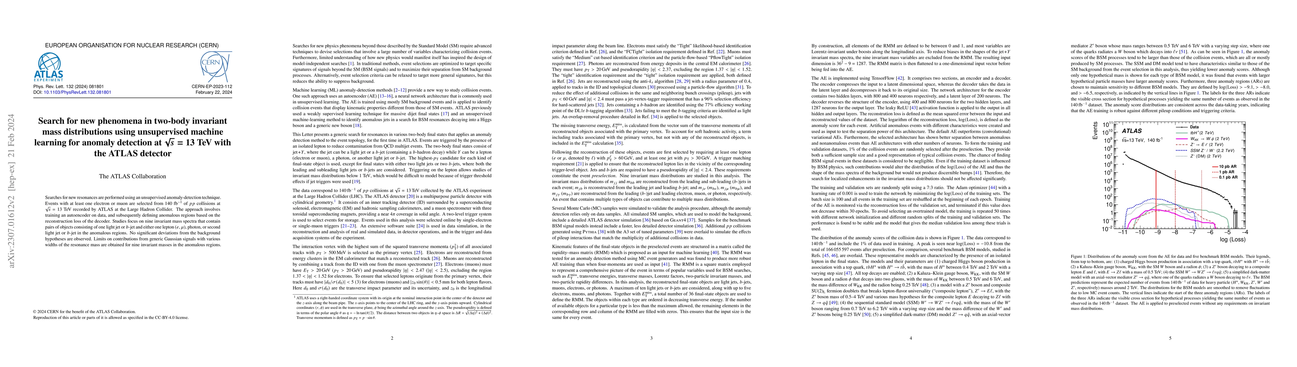 Thumbnail for Search for new phenomena in two-body invariant mass distributions using
  unsupervised machine learning for anomaly detection at $\sqrt{s} = 13$ TeV
  with the ATLAS detector