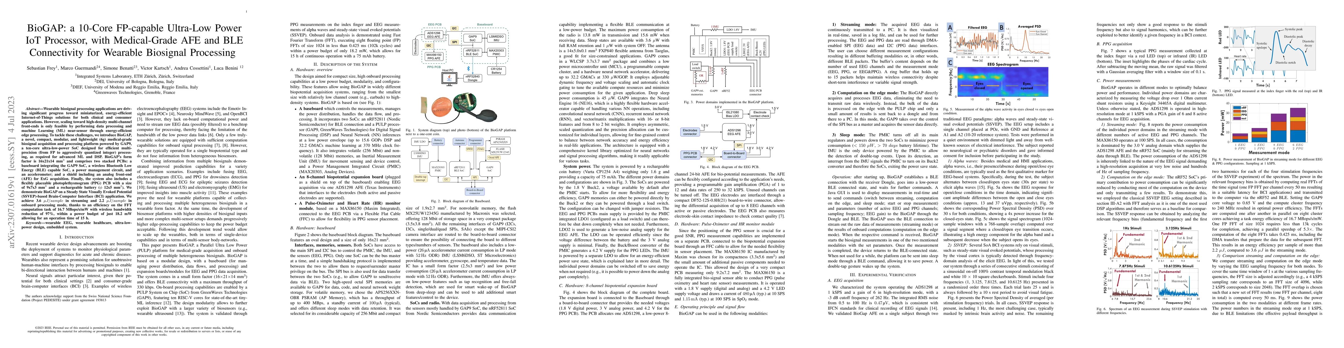 Thumbnail for BioGAP: a 10-Core FP-capable Ultra-Low Power IoT Processor, with
  Medical-Grade AFE and BLE Connectivity for Wearable Biosignal Processing