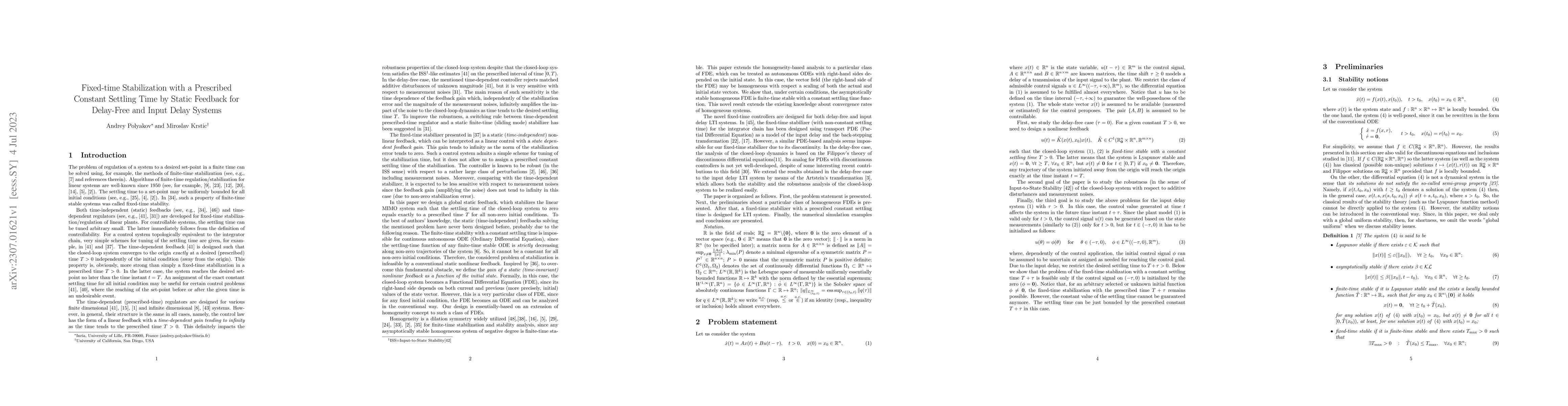 Thumbnail for Fixed-time Stabilization with a Prescribed Constant Settling Time by
  Static Feedback for Delay-Free and Input Delay Systems