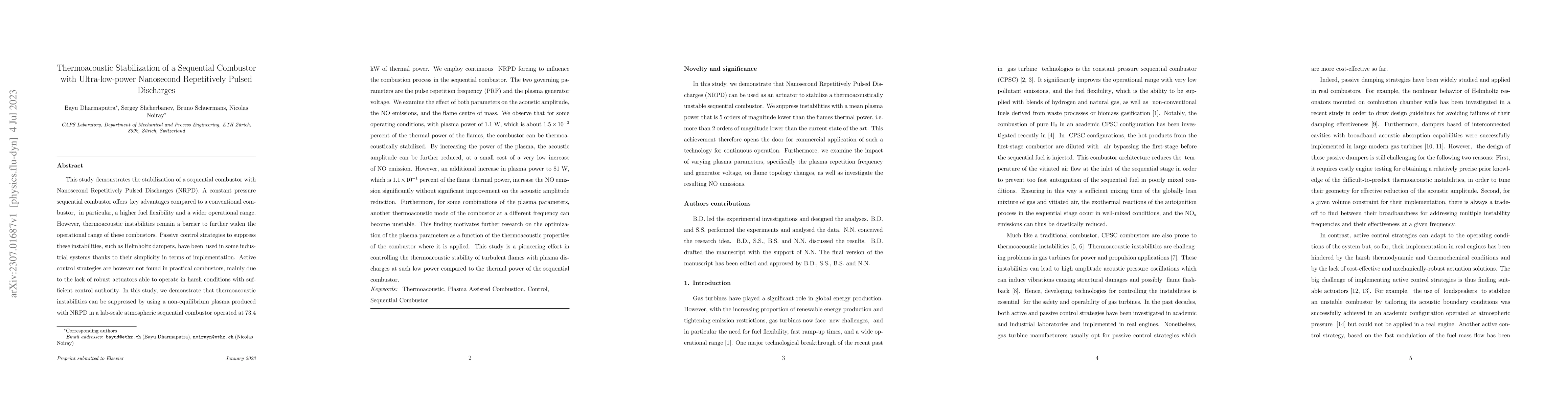 Thumbnail for Thermoacoustic Stabilization of a Sequential Combustor with
  Ultra-low-power Nanosecond Repetitively Pulsed Discharges