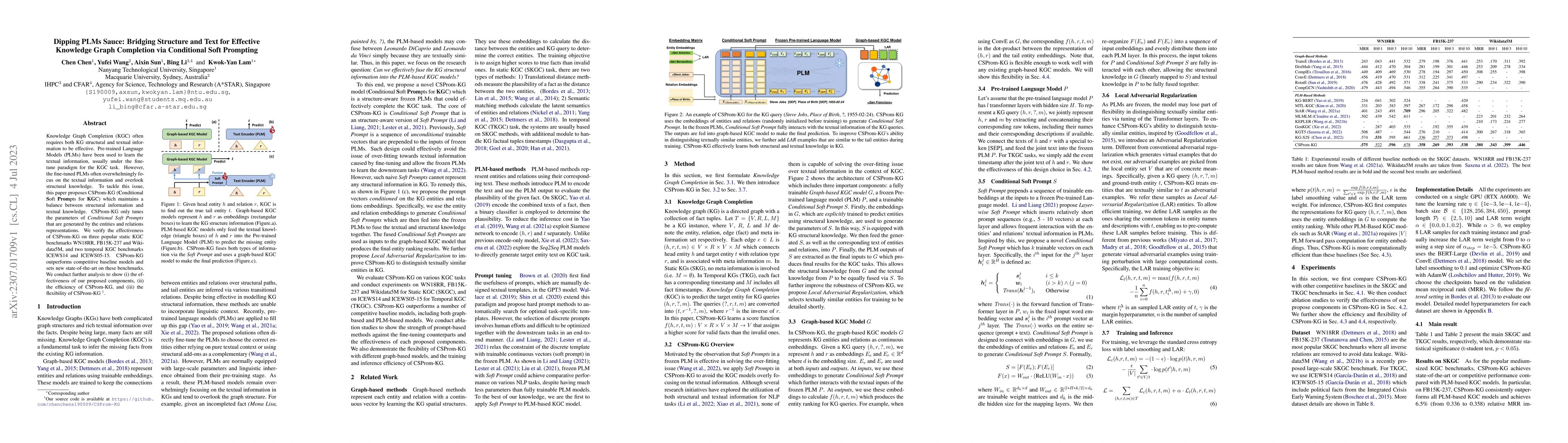 Thumbnail for Dipping PLMs Sauce: Bridging Structure and Text for Effective Knowledge
  Graph Completion via Conditional Soft Prompting