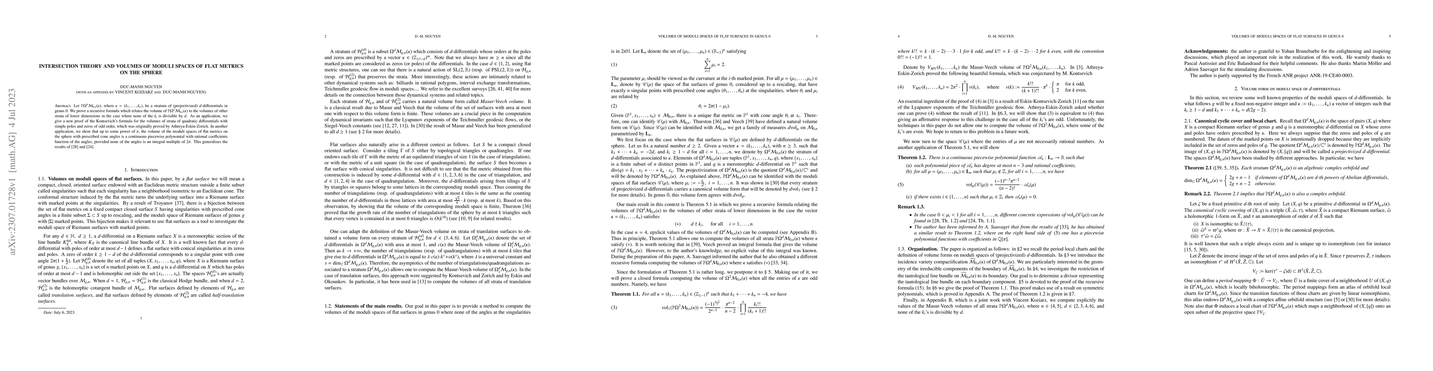 Thumbnail for Intersection theory and volumes of moduli spaces of flat metrics on the
  sphere (with an appendix by Vincent Koziarz and Duc-Manh Nguyen)