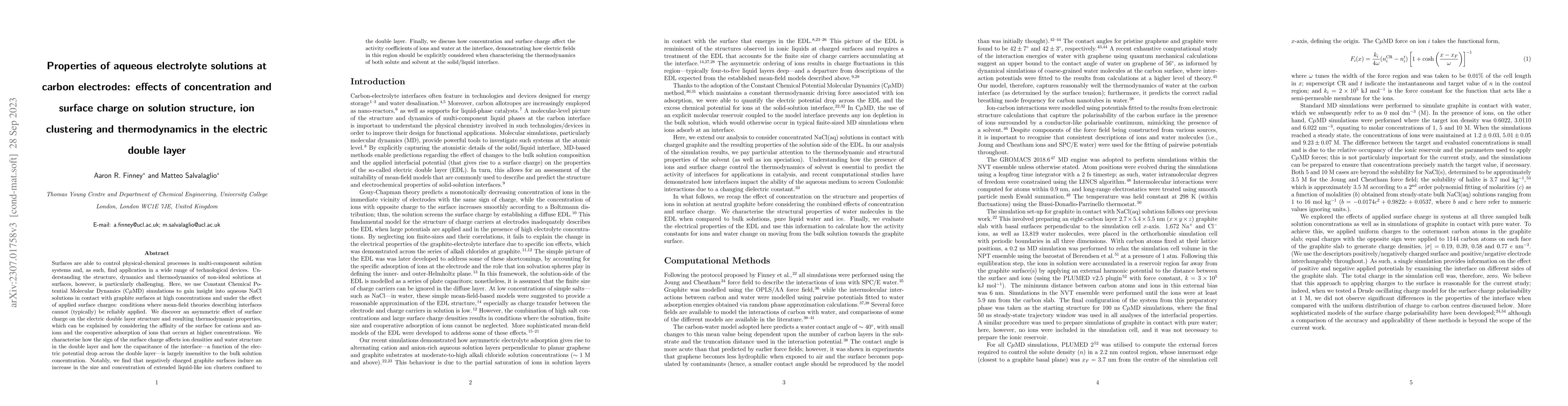 Thumbnail for Properties of aqueous electrolyte solutions at carbon electrodes:
  effects of concentration and surface charge on solution structure, ion
  clustering and thermodynamics in the electric double layer