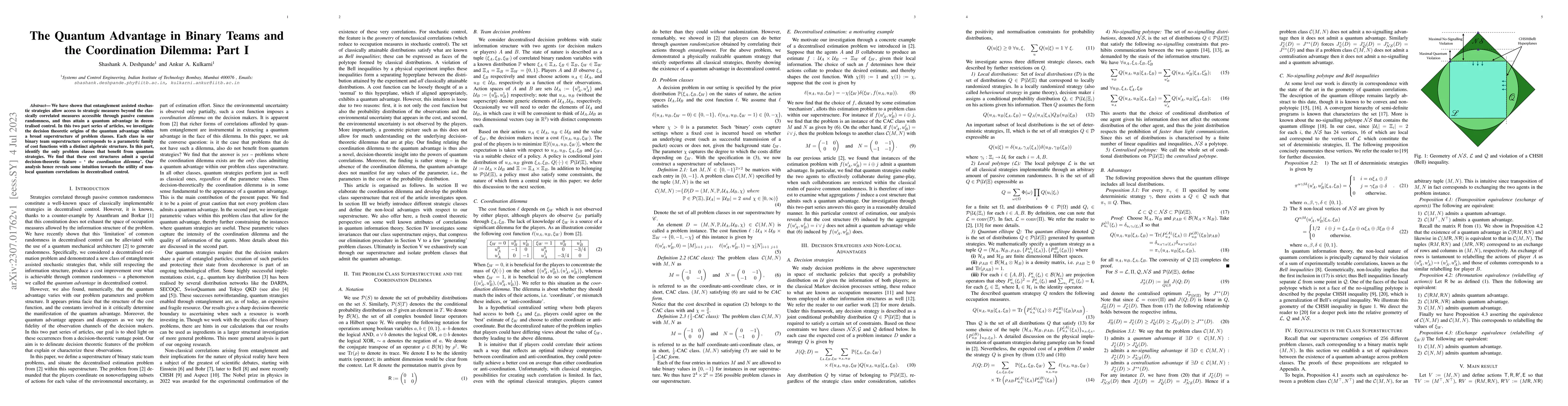 Thumbnail for The Quantum Advantage in Binary Teams and the Coordination Dilemma: Part
  I