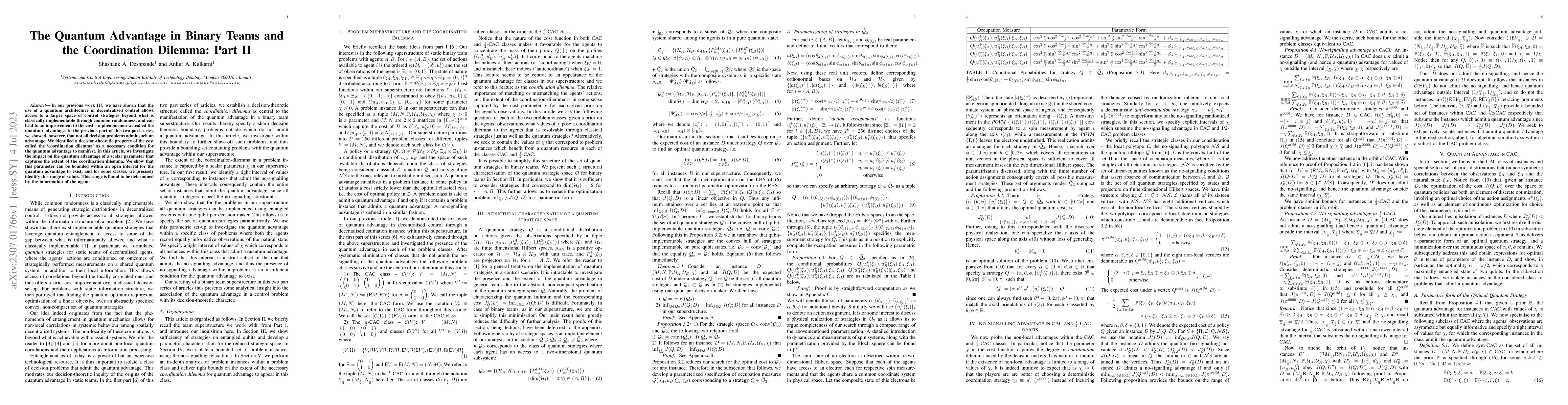 Thumbnail for The Quantum Advantage in Binary Teams and the Coordination Dilemma: Part
  II