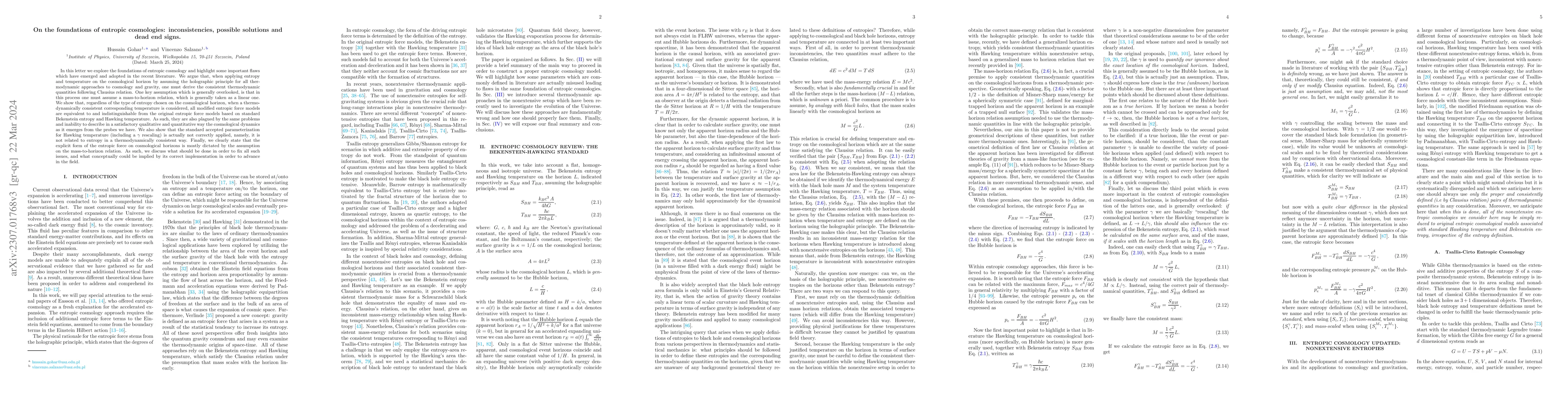 Thumbnail for On the foundations of entropic cosmologies: inconsistencies, possible
  solutions and dead end signs