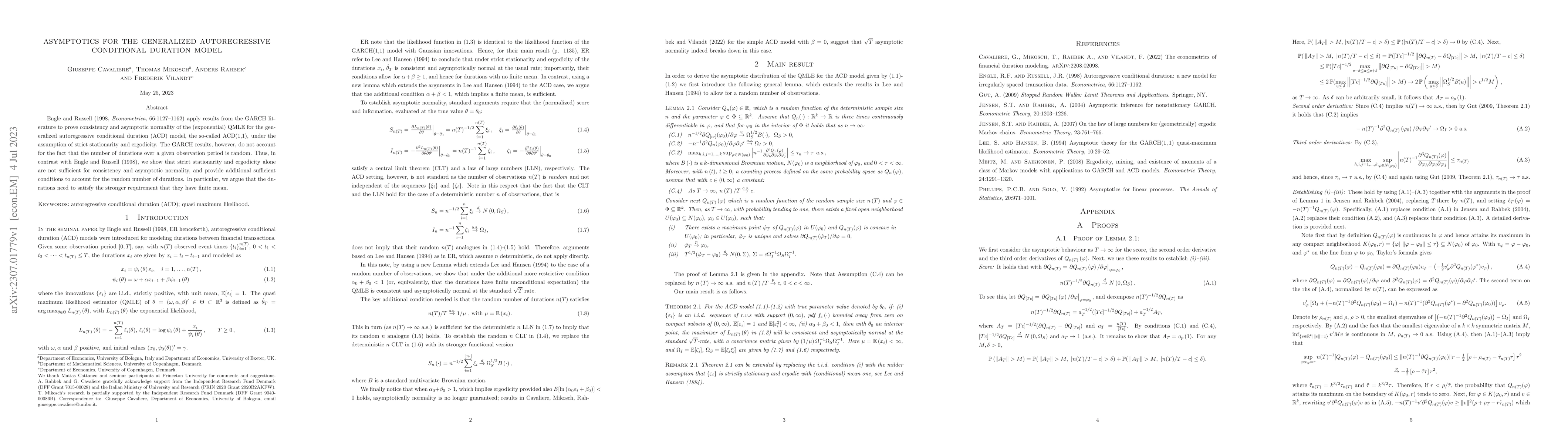 Thumbnail for Asymptotics for the Generalized Autoregressive Conditional Duration
  Model
