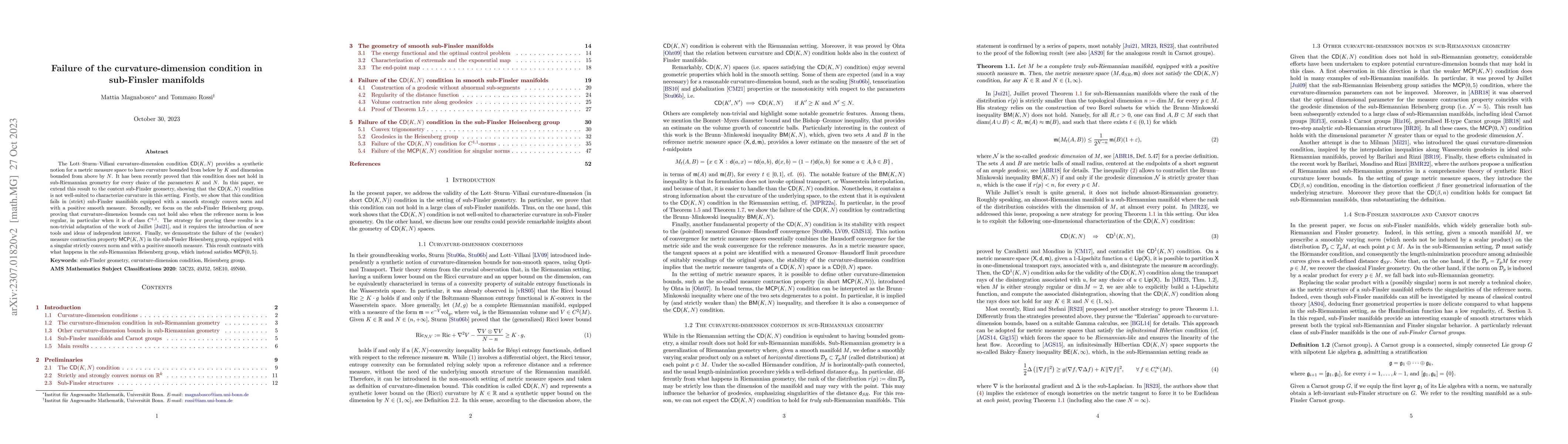 Thumbnail for Failure of the curvature-dimension condition in sub-Finsler manifolds