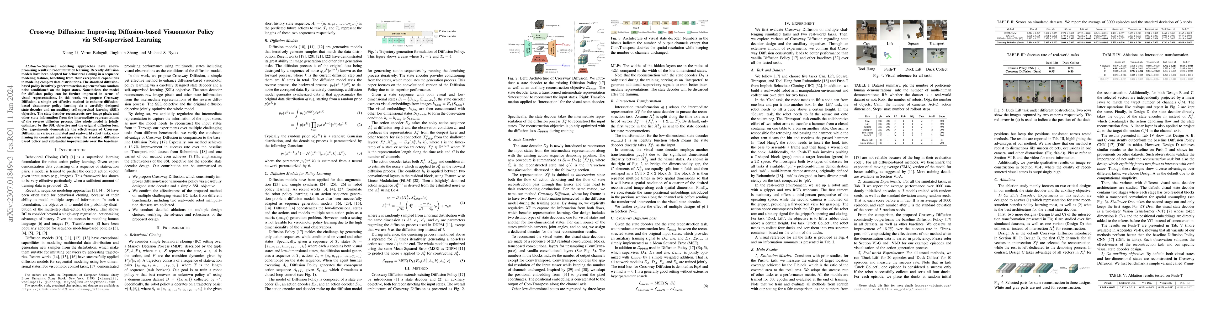 Thumbnail for Crossway Diffusion: Improving Diffusion-based Visuomotor Policy via
  Self-supervised Learning