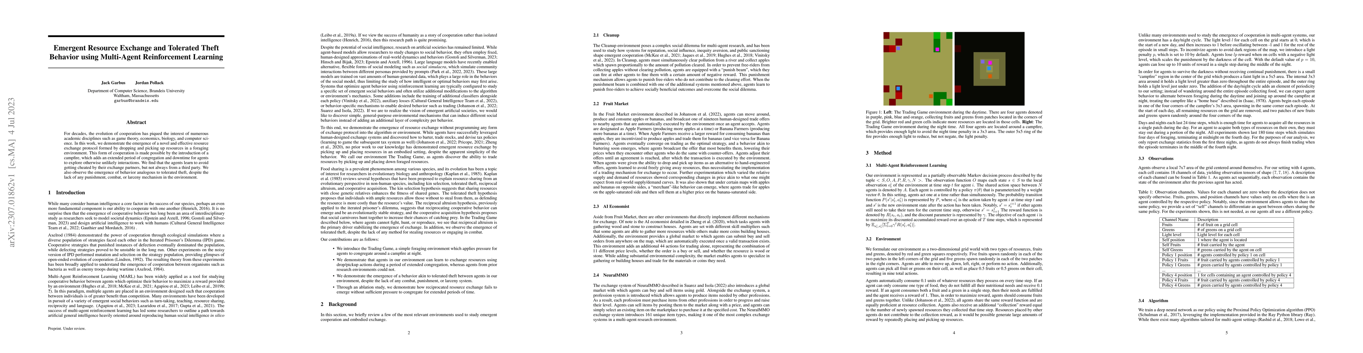Thumbnail for Emergent Resource Exchange and Tolerated Theft Behavior using
  Multi-Agent Reinforcement Learning