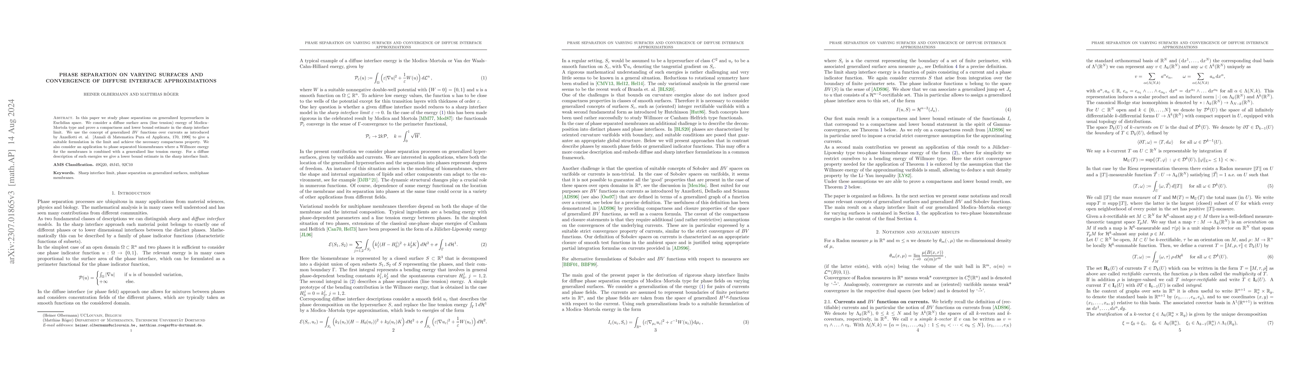 Thumbnail for Phase separation on varying surfaces and convergence of diffuse
  interface approximations
