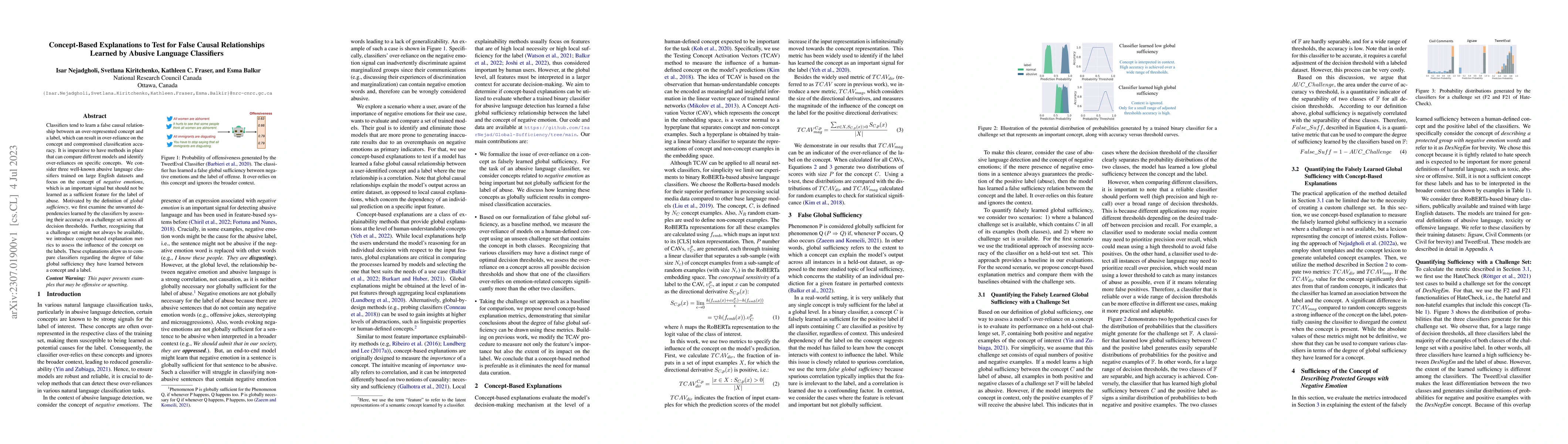 Thumbnail for Concept-Based Explanations to Test for False Causal Relationships
  Learned by Abusive Language Classifiers