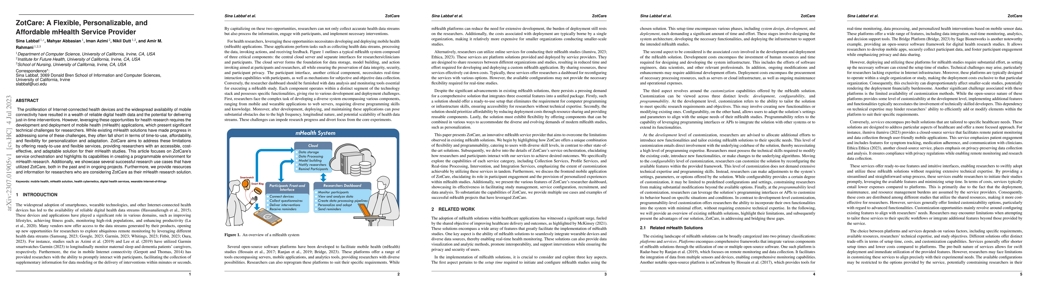 Thumbnail for ZotCare: A Flexible, Personalizable, and Affordable mHealth Service
  Provider