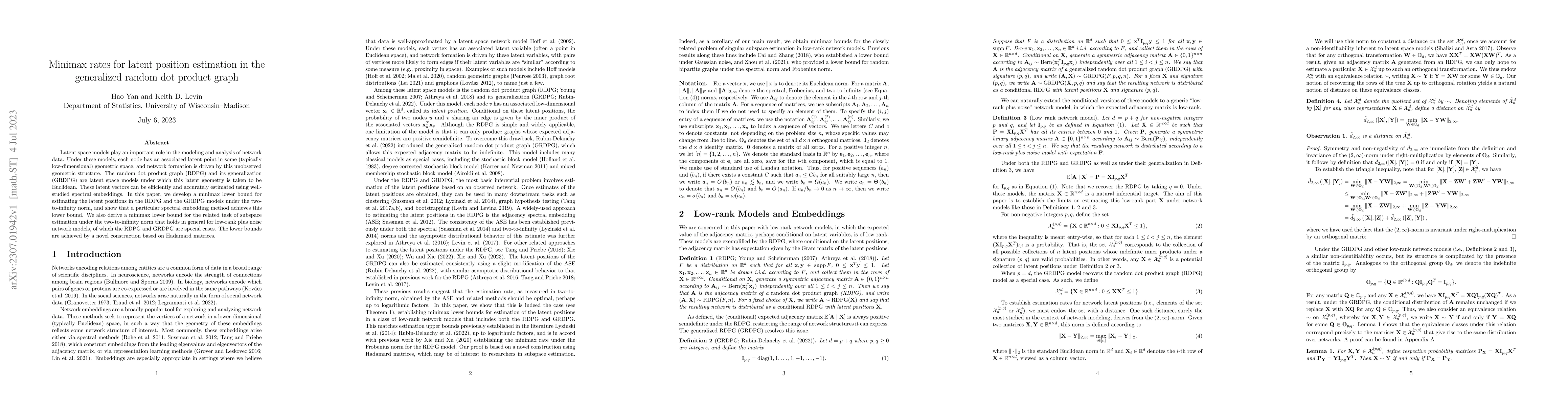 Thumbnail for Minimax rates for latent position estimation in the generalized random
  dot product graph