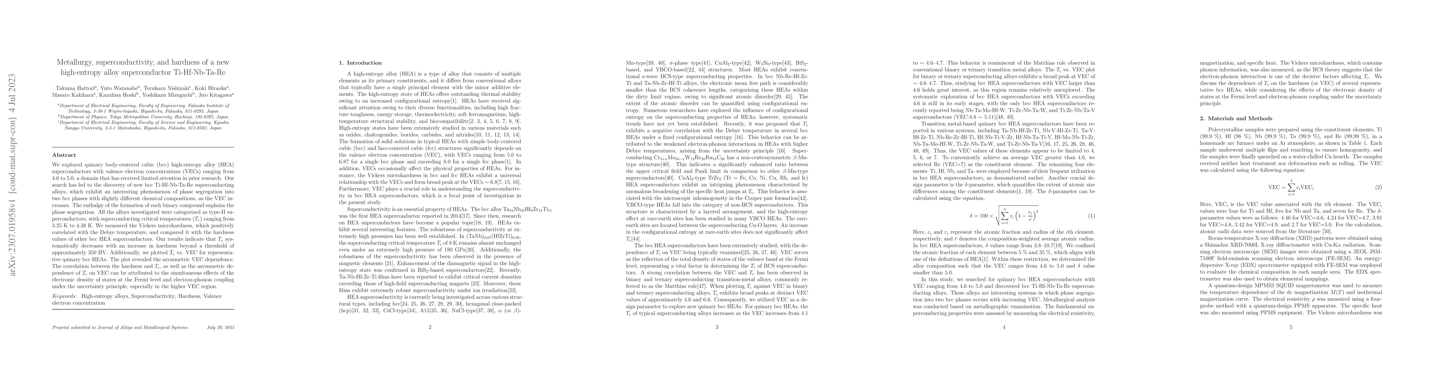 Thumbnail for Metallurgy, superconductivity, and hardness of a new high-entropy alloy
  superconductor Ti-Hf-Nb-Ta-Re