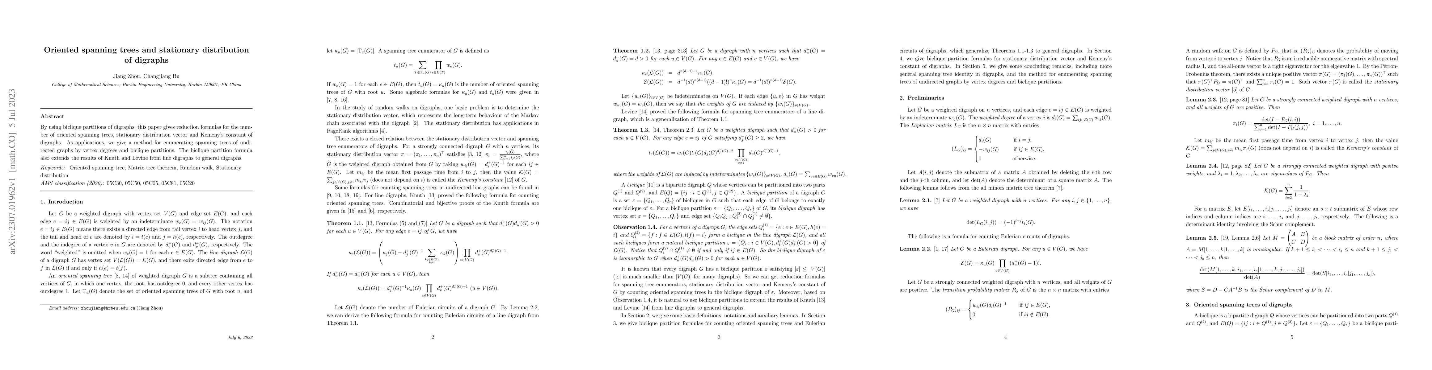 Thumbnail for Oriented spanning trees and stationary distribution of digraphs