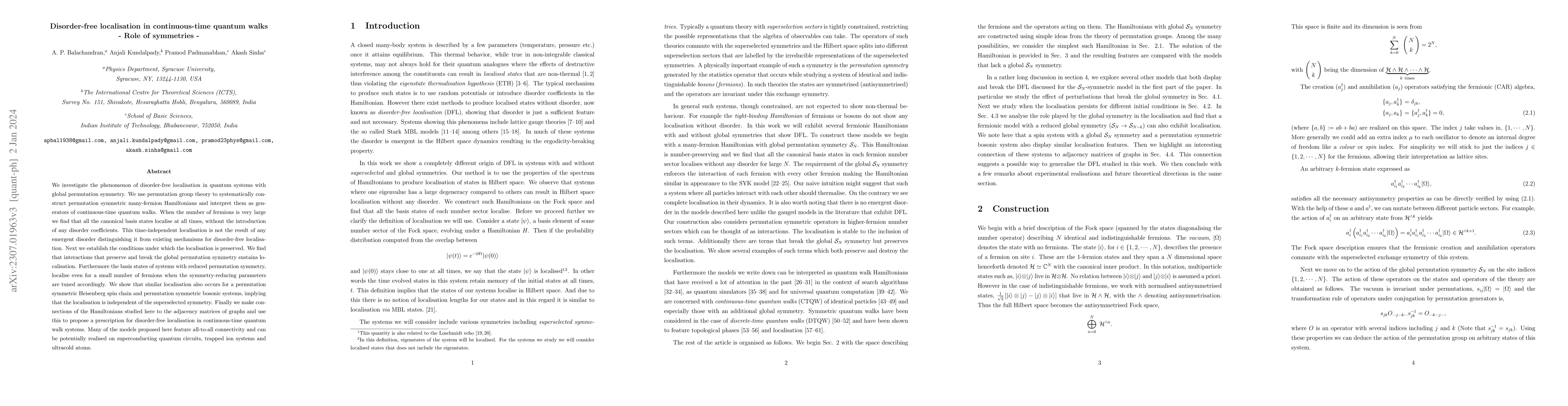 Thumbnail for Disorder-free localisation in continuous-time quantum walks : Role of
  symmetries