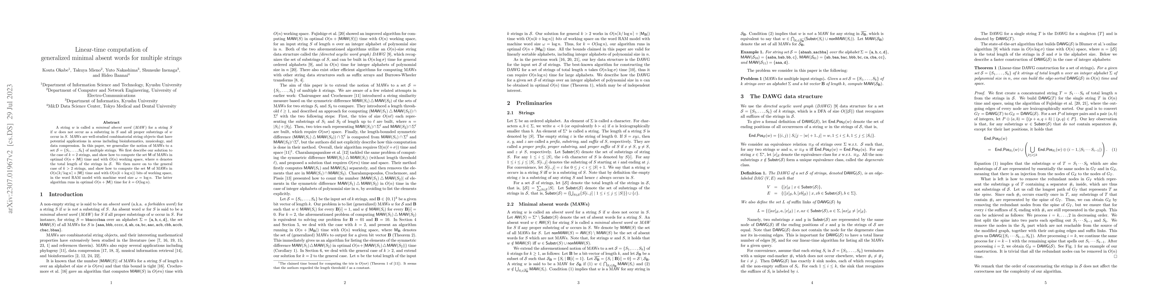 Thumbnail for Linear-time computation of generalized minimal absent words for multiple
  strings