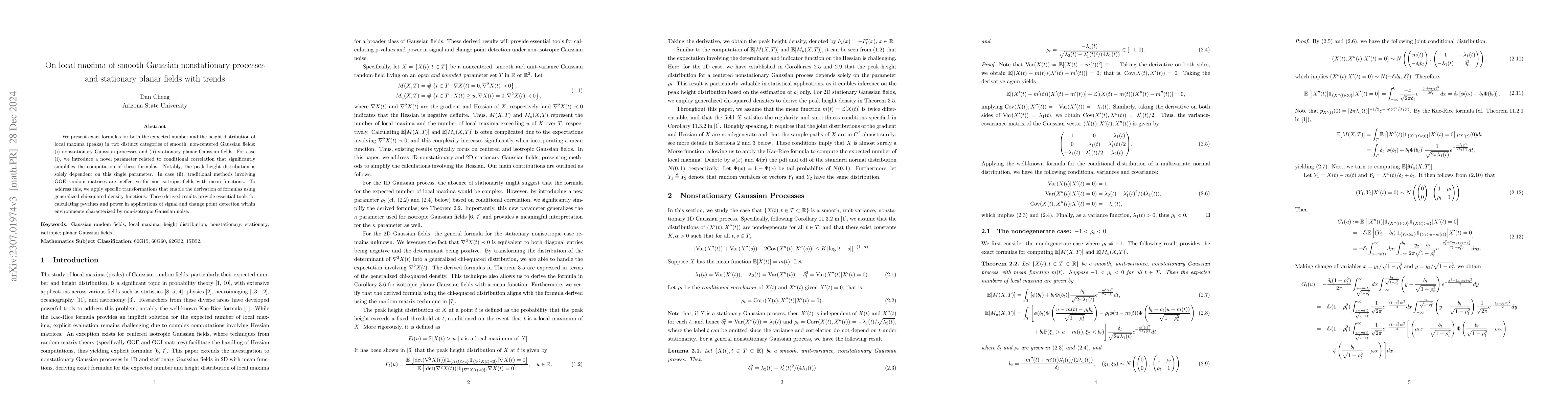 Thumbnail for On local maxima of smooth Gaussian nonstationary processes and
  stationary planar fields with trends