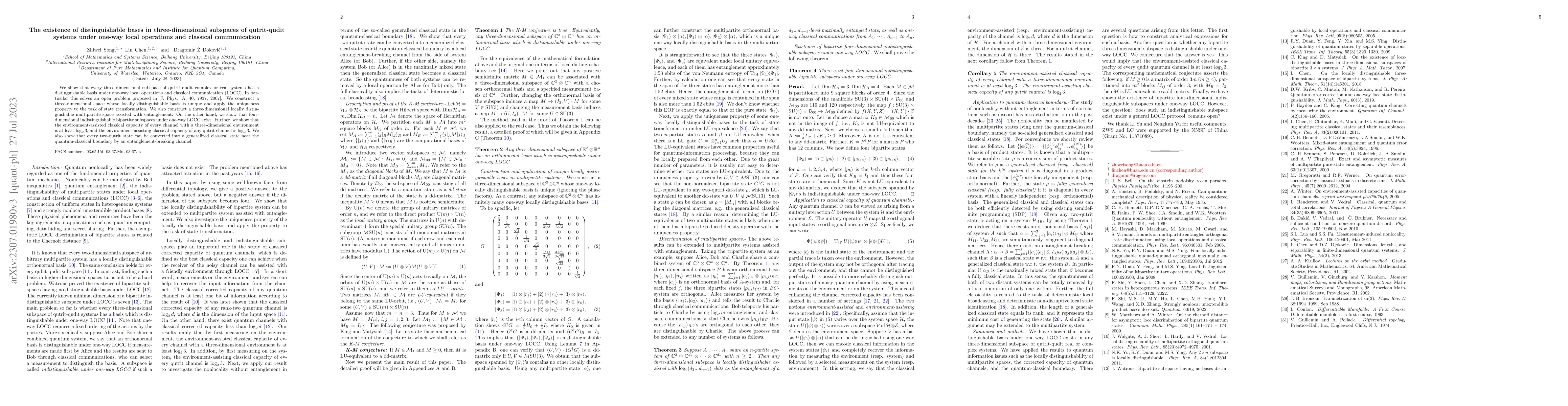 Thumbnail for The existence of distinguishable bases in three-dimensional subspaces of
  qutrit-qudit systems under one-way local operations and classical
  communication
