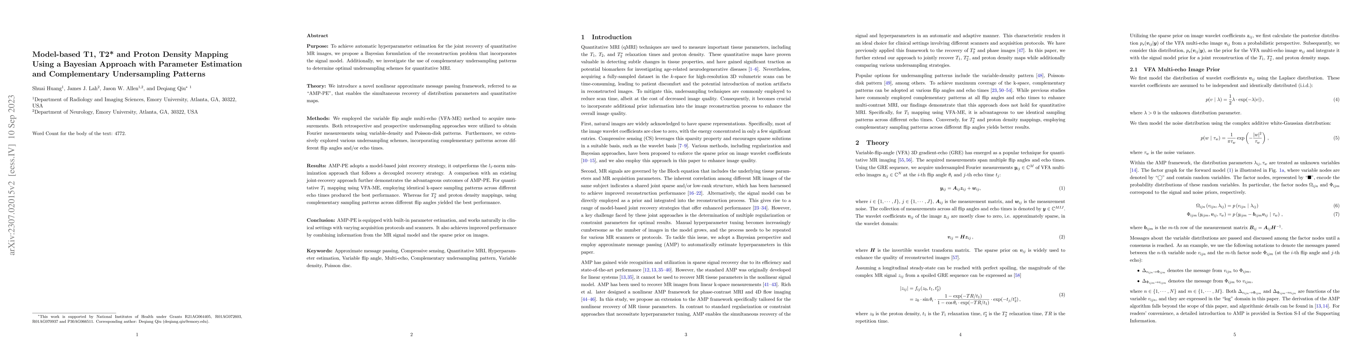 Thumbnail for Model-based T1, T2* and Proton Density Mapping Using a Bayesian Approach
  with Parameter Estimation and Complementary Undersampling Patterns