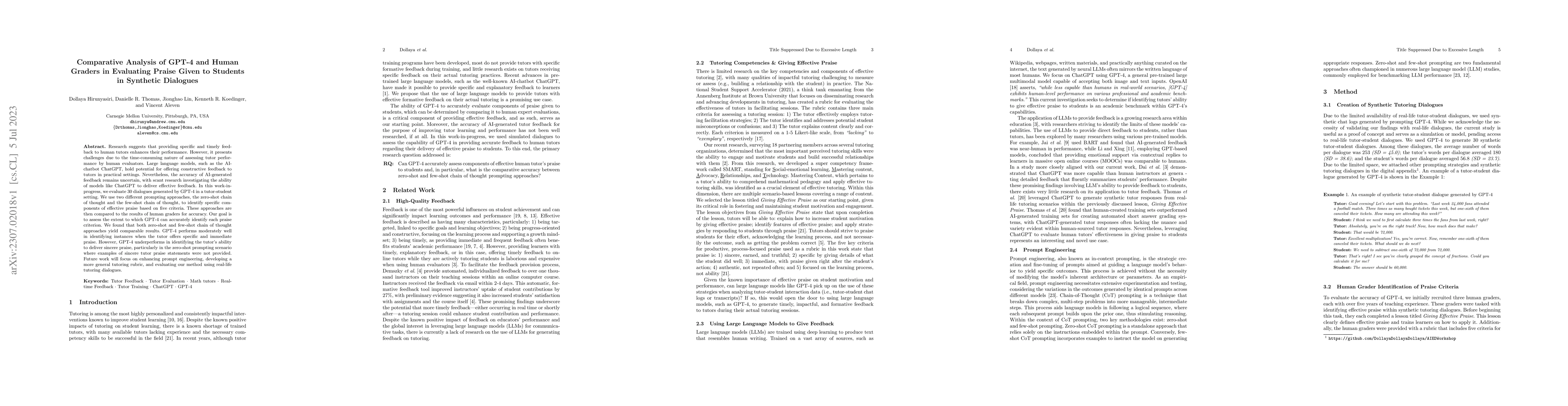 Thumbnail for Comparative Analysis of GPT-4 and Human Graders in Evaluating Praise
  Given to Students in Synthetic Dialogues