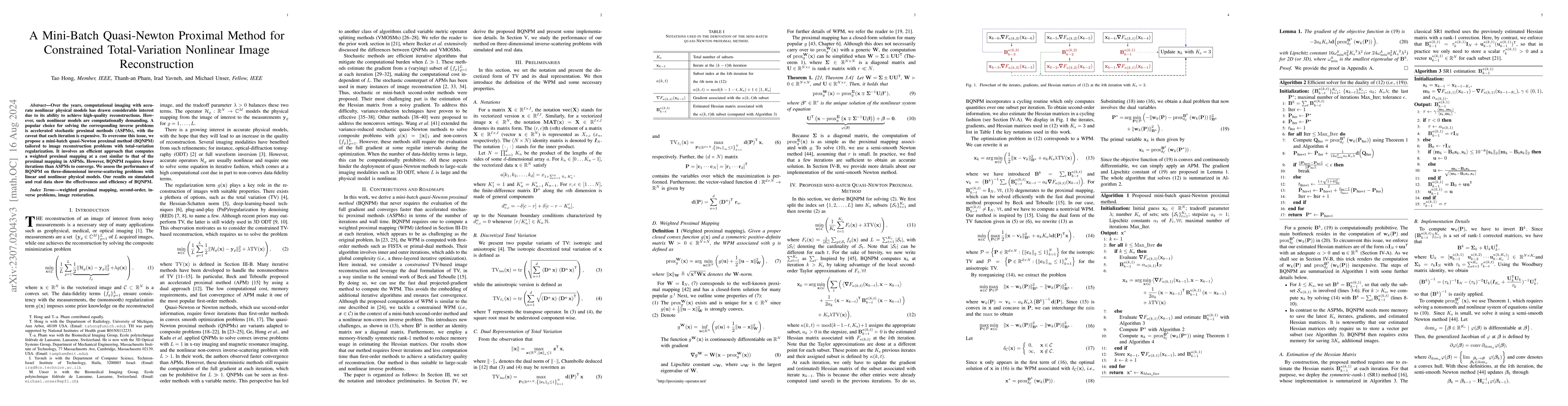 Thumbnail for A Mini-Batch Quasi-Newton Proximal Method for Constrained
  Total-Variation Nonlinear Image Reconstruction