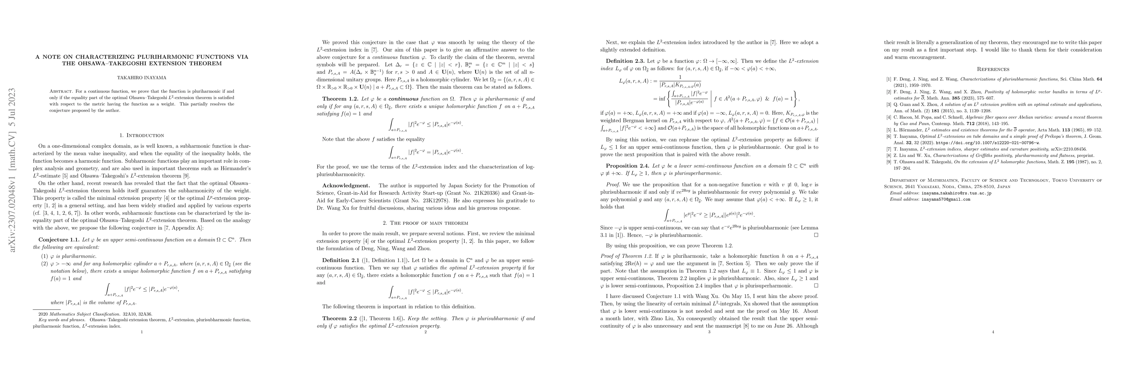 Thumbnail for A note on characterizing pluriharmonic functions via the
  Ohsawa--Takegoshi extension theorem
