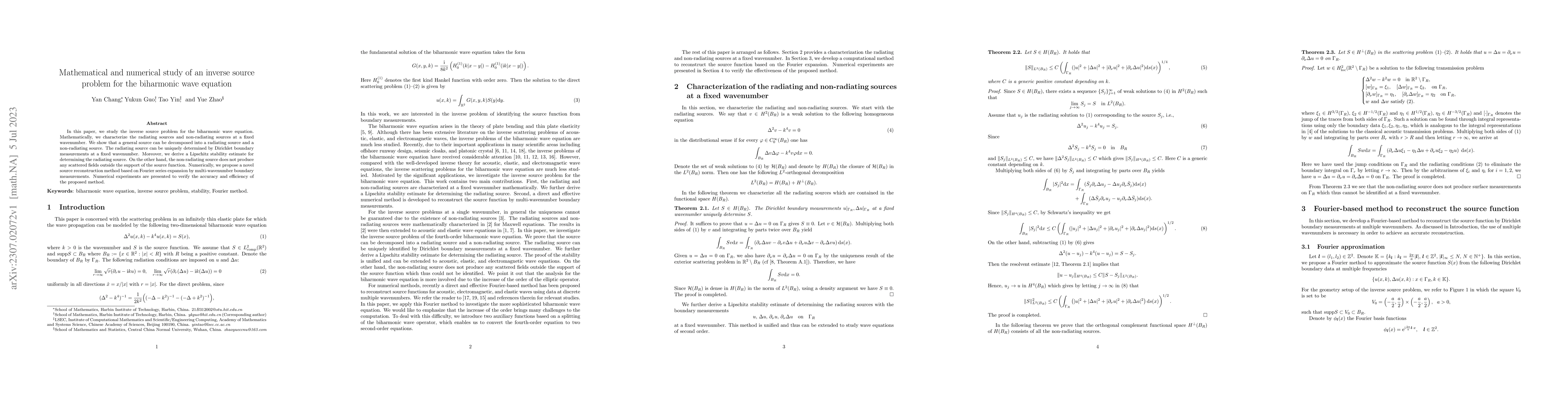 Thumbnail for Mathematical and numerical study of an inverse source problem for the
  biharmonic wave equation