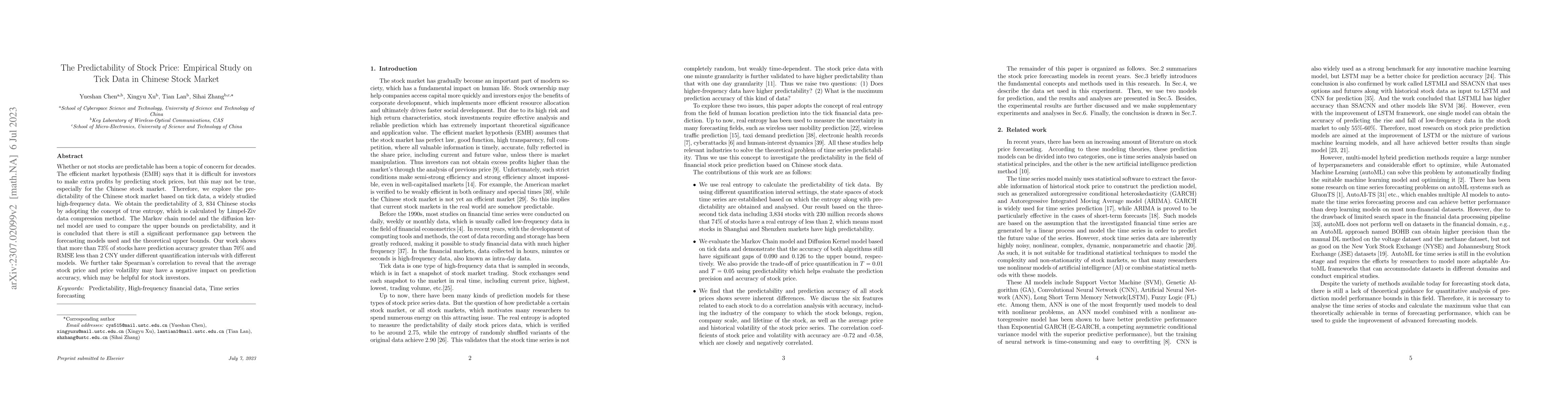 Thumbnail for The Predictability of Stock Price: Empirical Study onTick Data in
  Chinese Stock Market