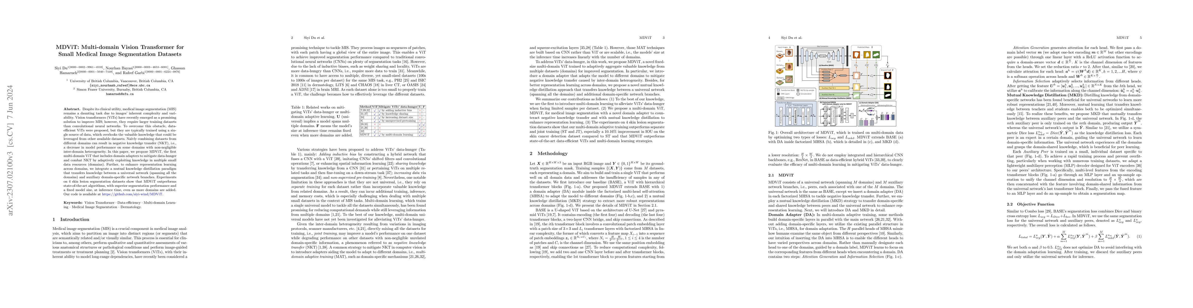 Thumbnail for MDViT: Multi-domain Vision Transformer for Small Medical Image
  Segmentation Datasets