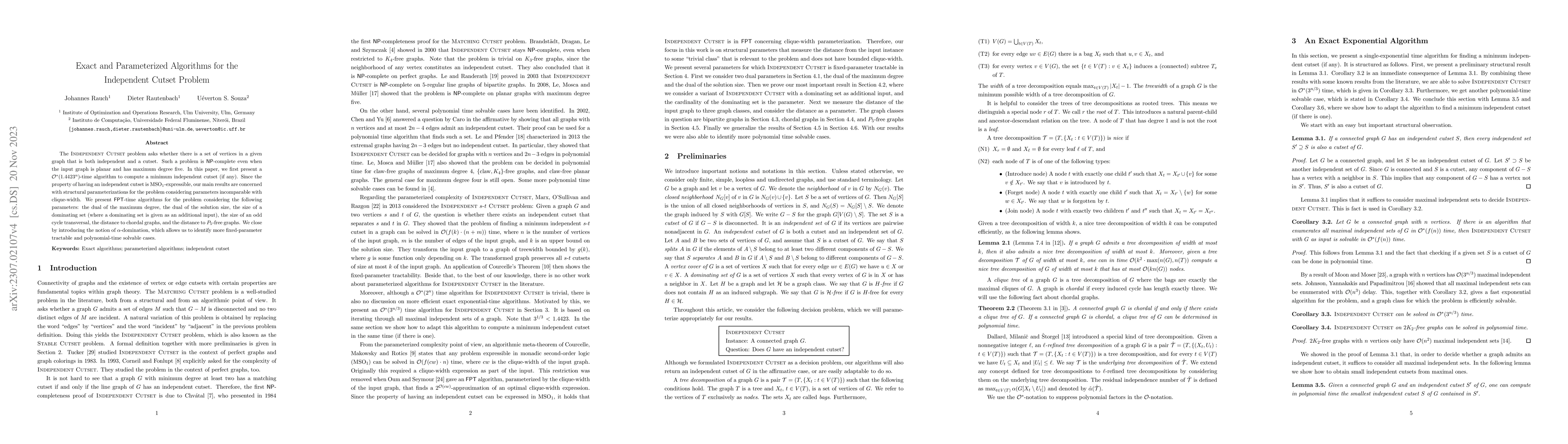 Thumbnail for Exact and Parameterized Algorithms for the Independent Cutset Problem