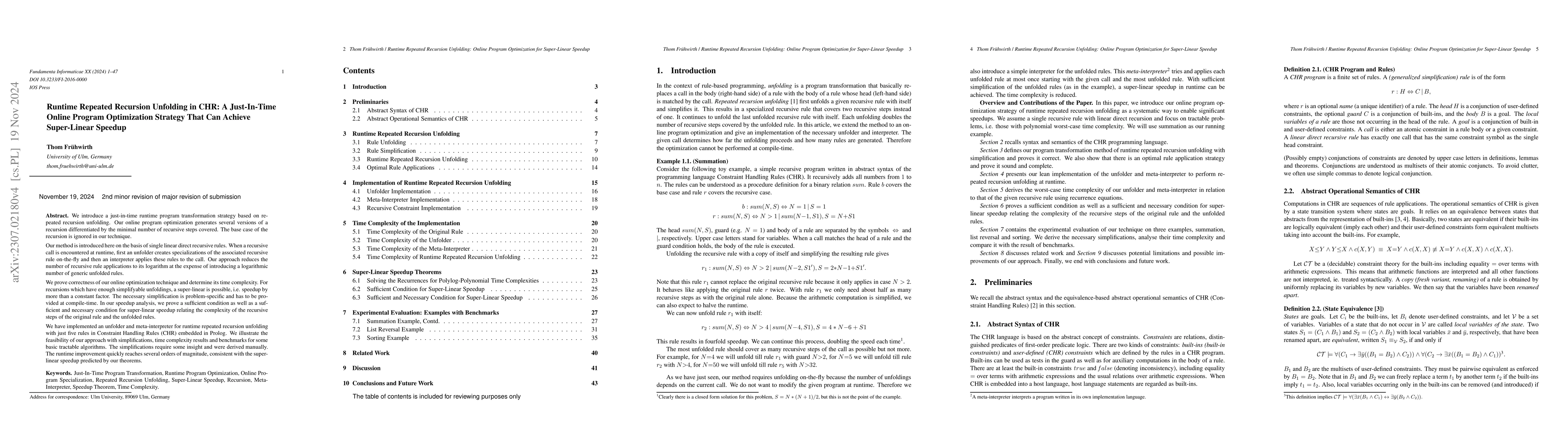Thumbnail for Runtime Repeated Recursion Unfolding in CHR: A Just-In-Time Online
  Program Optimization Strategy That Can Achieve Super-Linear Speedup