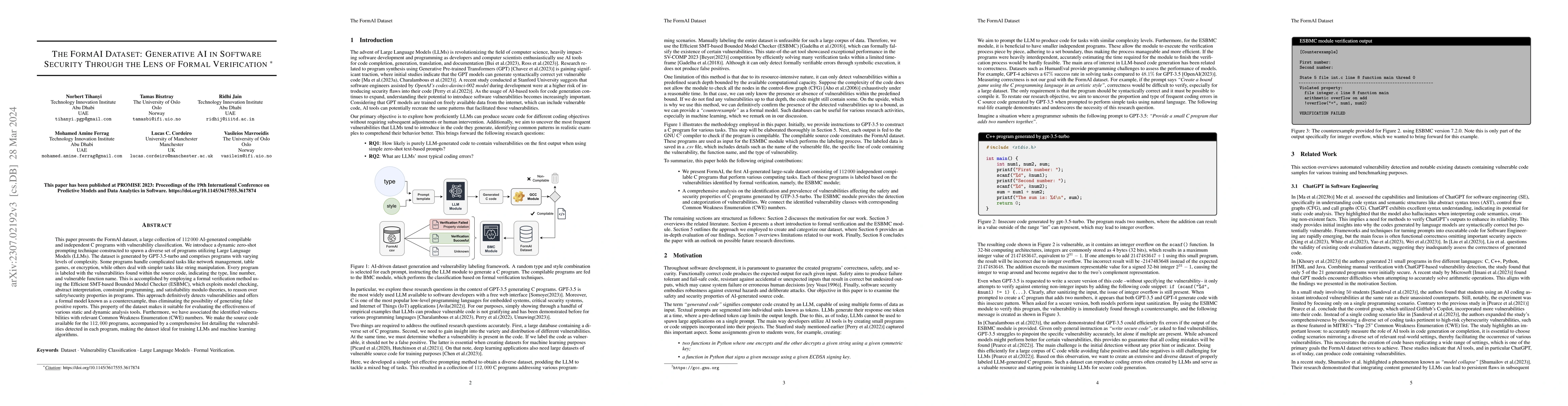 Thumbnail for The FormAI Dataset: Generative AI in Software Security Through the Lens
  of Formal Verification