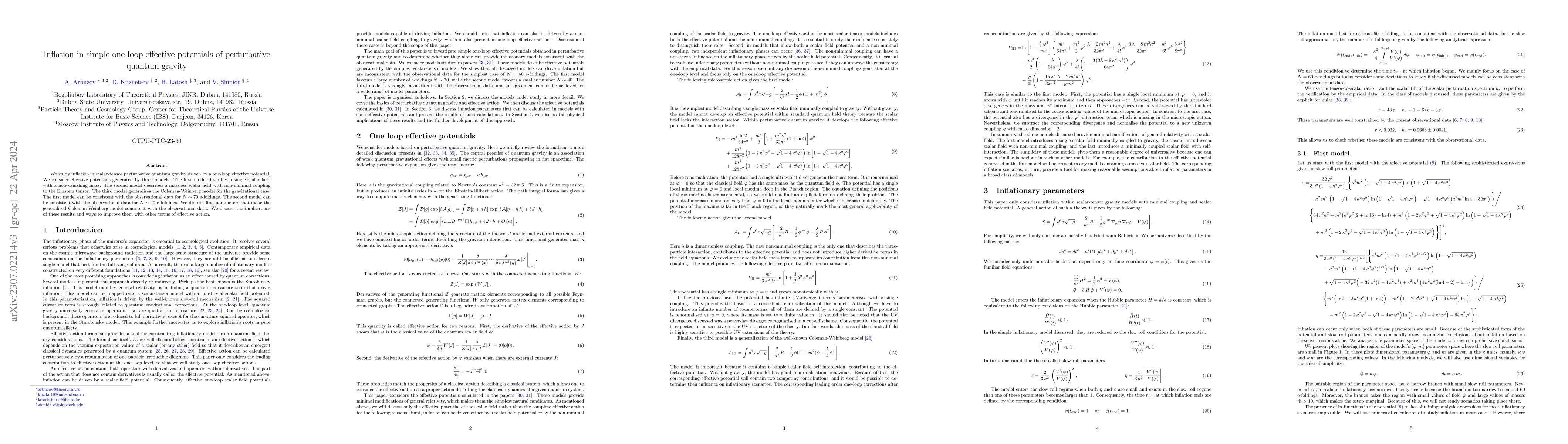 Thumbnail for Inflation in simple one-loop effective potentials of perturbative
  quantum gravity
