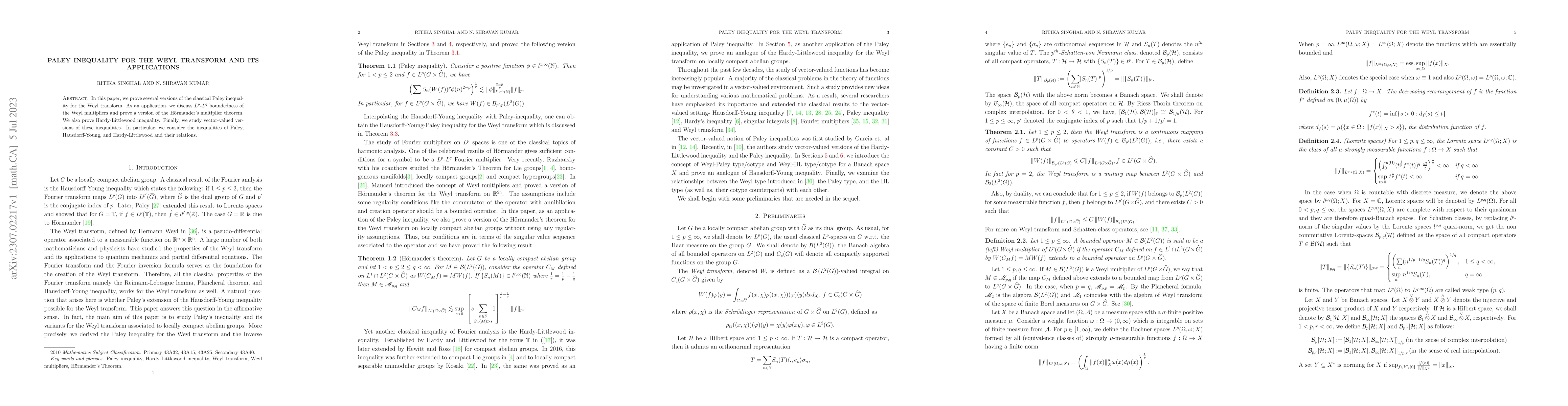 Thumbnail for Paley inequality for the Weyl transform and its applications