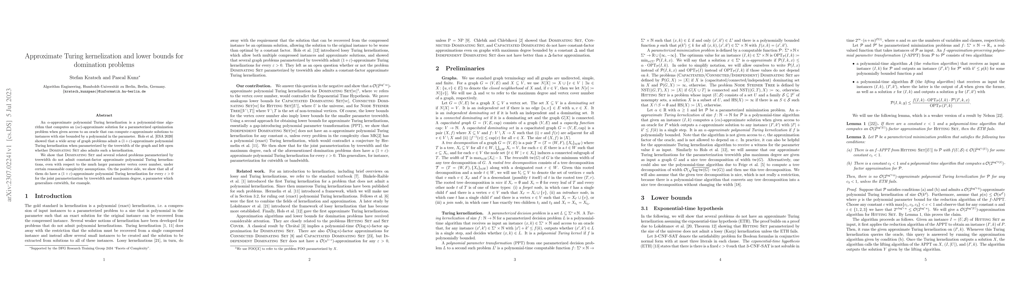 Thumbnail for Approximate Turing kernelization and lower bounds for domination
  problems