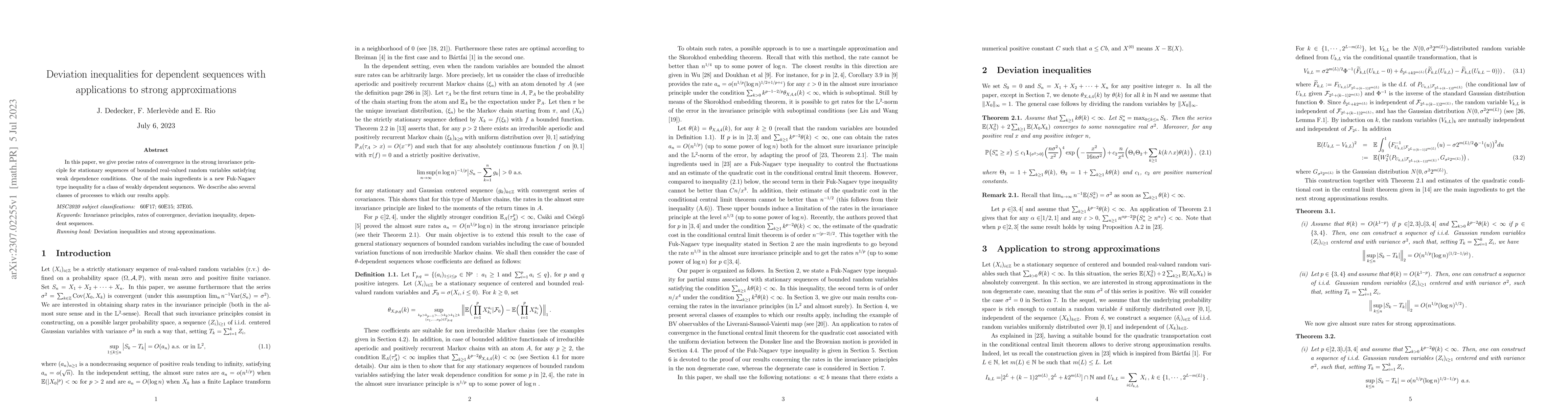 Thumbnail for Deviation inequalities for dependent sequences with applications to
  strong approximations